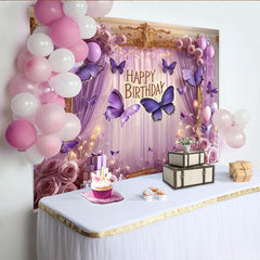 Lofaris Toile de Fond de Fête Joyeux Anniversaire Papillon Violet avec Roses Élégantes et Ballons, Décoration Cadre Doré