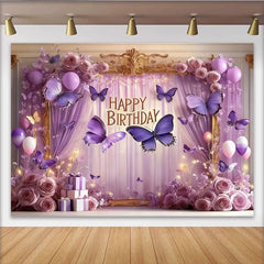 Lofaris Toile de Fond de F¨ºte Joyeux Anniversaire Papillon Violet avec Roses ¨¦l¨¦gantes et Ballons, D¨¦coration Cadre Dor¨¦