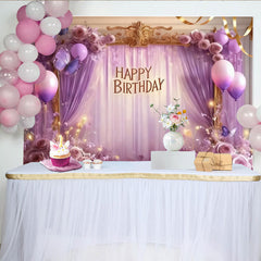 Lofaris Toile de Fond de F¨ºte ¨¦l¨¦gante Joyeux Anniversaire Lavande Violette avec Papillons, Roses et Ballons, D¨¦coration Cadre Dor¨¦