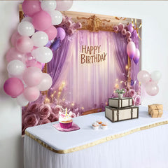 Lofaris Toile de Fond de F¨ºte ¨¦l¨¦gante Joyeux Anniversaire Lavande Violette avec Papillons, Roses et Ballons, D¨¦coration Cadre Dor¨¦