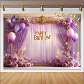 Lofaris Toile de Fond de F¨ºte ¨¦l¨¦gante Joyeux Anniversaire Lavande Violette avec Papillons, Roses et Ballons, D¨¦coration Cadre Dor¨¦