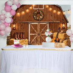 Lofaris Toile de fond grange rustique avec lumières et bottes de cowboy, pour fête campagnarde, décor de ferme