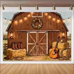 Lofaris Toile de fond grange rustique avec lumières et bottes de cowboy, pour fête campagnarde, décor de ferme