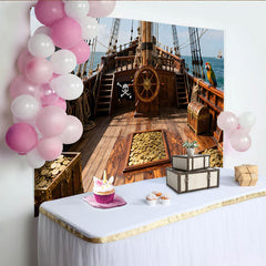 Lofaris Toile de fond de fête pirate avec trésor, pièces d'or et perroquet, pour aventure en mer, anniversaire et événement