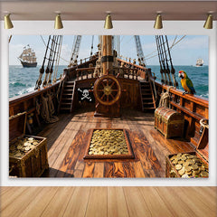 Lofaris Toile de fond de fête pirate avec trésor, pièces d'or et perroquet, pour aventure en mer, anniversaire et événement