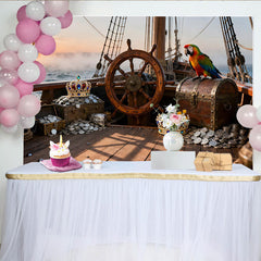 Lofaris Toile de fond de fête pirate avec trésor et perroquet, pour anniversaire et aventure, décor de navire en bois