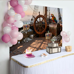 Lofaris Toile de fond de fête pirate avec trésor et perroquet, pour anniversaire et aventure, décor de navire en bois