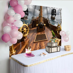 Lofaris Toile de fond pirate avec navires et trésor, pour fête d'anniversaire, aventure en mer et perroquet.