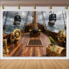 Lofaris Toile de fond pirate avec navires et trésor, pour fête d'anniversaire, aventure en mer et perroquet.
