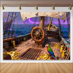 Lofaris Fond de fête bateau pirate, trésor et perroquet, océan et ciel violet pour une aventure épique