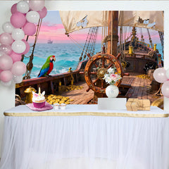 Lofaris Toile de fond pirate navire et trésor, avec perroquet coloré et mer turquoise pour fête d'anniversaire enfants