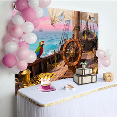 Lofaris Toile de fond pirate navire et trésor, avec perroquet coloré et mer turquoise pour fête d'anniversaire enfants