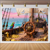 Lofaris Toile de fond pirate navire et trésor, avec perroquet coloré et mer turquoise pour fête d'anniversaire enfants