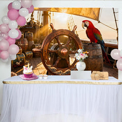 Lofaris Toile de fond de bateau pirate avec trésor et perroquet, pour fête d'anniversaire et aventure nautique.
