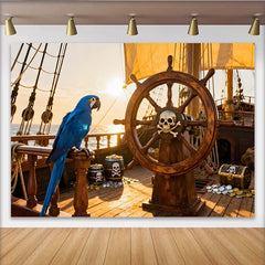 Lofaris Toile de fond pirate avec perroquet bleu, trésor et gouvernail, pour fête d'anniversaire et aventure en mer