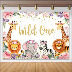 Lofaris. Toile de fond Wild One safari doré avec animaux et fleurs, pour premier anniversaire bébé fille