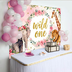 Lofaris Toile de fond safari 'Wild One' rose et or, avec éléphant, lion et girafe, pour premier anniversaire de bébé fille