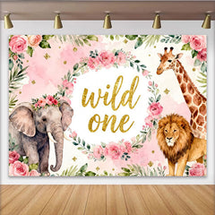 Lofaris Toile de fond safari 'Wild One' rose et or, avec éléphant, lion et girafe, pour premier anniversaire de bébé fille
