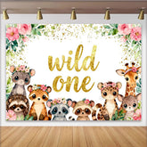 Lofaris Toile de fond Wild One avec animaux de la jungle, florale et pailletée pour 1er anniversaire bébé