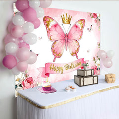 Lofaris Élégante toile de fond papillon rose et or, joyeux anniversaire avec couronne, fleurs aquarelle pour fête de fille
