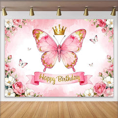 Lofaris Élégante toile de fond papillon rose et or, joyeux anniversaire avec couronne, fleurs aquarelle pour fête de fille