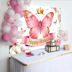 Lofaris Toile de fond joyeux anniversaire papillon rose et couronne, fleurs aquarelle pour fête de fille, décoration élégante.