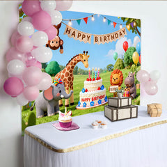 Lofaris Toile de fond joyeux anniversaire animaux de la jungle et gâteau, pour fête d'enfants, décoration de studio photo