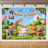 Lofaris Toile de fond joyeux anniversaire animaux de la jungle et gâteau, pour fête d'enfants, décoration de studio photo