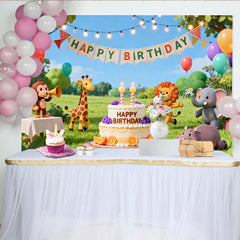 Lofaris Toile de fond joyeux anniversaire avec animaux de la jungle, décorations de fête pour enfants et dessins animés.