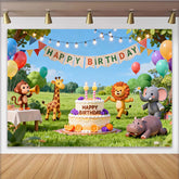 Lofaris Toile de fond joyeux anniversaire avec animaux de la jungle, décorations de fête pour enfants et dessins animés.