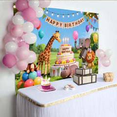 Lofaris Toile de fond joyeux anniversaire animaux de la jungle, avec gâteau et ballons colorés pour fête d'enfants