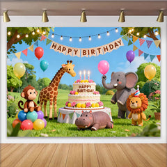 Lofaris Toile de fond joyeux anniversaire animaux de la jungle, avec gâteau et ballons colorés pour fête d'enfants