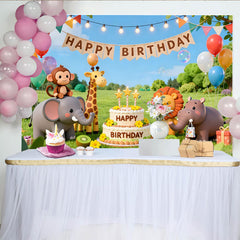 Lofaris Toile de fond anniversaire animaux safari mignons, avec gâteau, ballons et bannière pour fête d'enfants en plein air