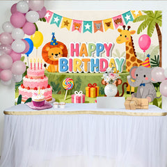 Lofaris Toile de fond joyeux anniversaire jungle avec animaux mignons, pour fête d'enfants et décorations de safari