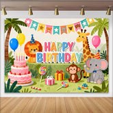 Lofaris Toile de fond joyeux anniversaire jungle avec animaux mignons, pour fête d'enfants et décorations de safari