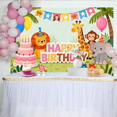 Lofaris Toile de fond joyeux anniversaire avec animaux de la jungle, lion, girafe et éléphant, pour enfants