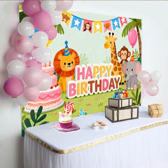 Lofaris Toile de fond joyeux anniversaire avec animaux de la jungle, lion, girafe et éléphant, pour enfants
