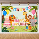 Lofaris Toile de fond joyeux anniversaire avec animaux de la jungle, lion, girafe et éléphant, pour enfants