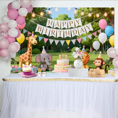 Lofaris Toile de fond joyeux anniversaire avec animaux, ballons et gâteau, décoration de fête pour enfants