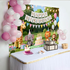 Lofaris Toile de fond joyeux anniversaire avec animaux, ballons et gâteau, décoration de fête pour enfants