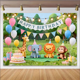 Lofaris Toile de fond d'anniversaire avec animaux de dessin animé mignons, ballons colorés et gâteau