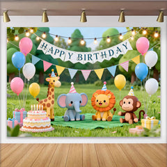 Lofaris Toile de fond d'anniversaire avec animaux de dessin animé mignons, ballons colorés et gâteau