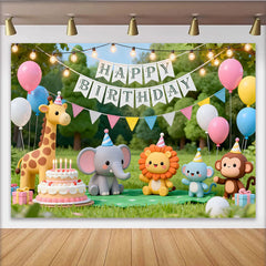 Lofaris Toile de fond joyeux anniversaire avec animaux de la jungle, gâteau, ballons colorés et lumières pour fête d'enfants