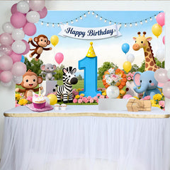 Lofaris Toile de fond premier anniversaire safari avec animaux mignons, ballons et chiffre 1 pour bébé