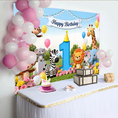 Lofaris Toile de fond premier anniversaire safari avec animaux mignons, ballons et chiffre 1 pour bébé