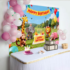 Lofaris Toile de fond joyeux anniversaire avec animaux de la jungle, ballons colorés et gâteau, pour fête d'enfants