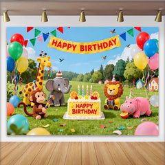 Lofaris Toile de fond joyeux anniversaire avec animaux de la jungle, ballons colorés et gâteau, pour fête d'enfants