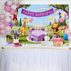 Lofaris Toile de fond joyeuse fête d'anniversaire, animaux de la jungle, gâteau et ballons colorés