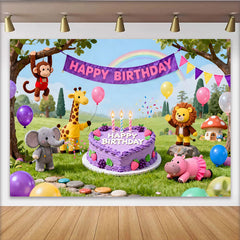 Lofaris Toile de fond joyeuse fête d'anniversaire, animaux de la jungle, gâteau et ballons colorés