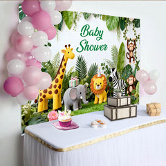 Lofaris Toile de fond baby shower jungle et animaux mignons, verdure luxuriante, décoration pour fête prénatale.